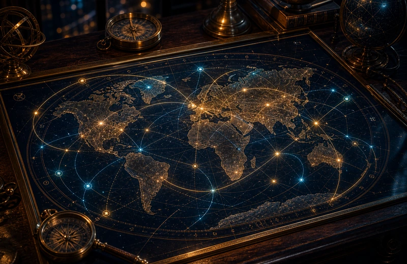 World map under glass with glowing celestial travel lines and star markers