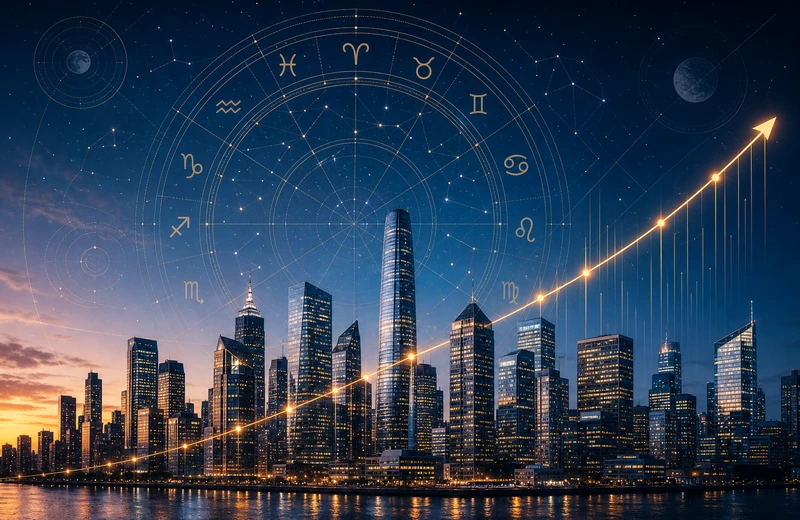 Astrology chart overlays rising behind a confident city skyline and upward gold trajectory