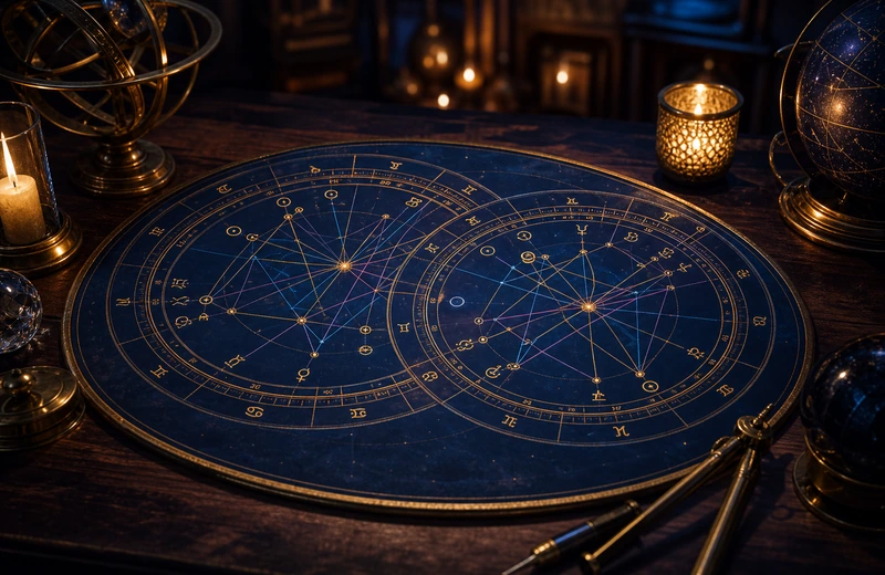 Two detailed birth chart wheels overlapping over a candlelit astrology table
