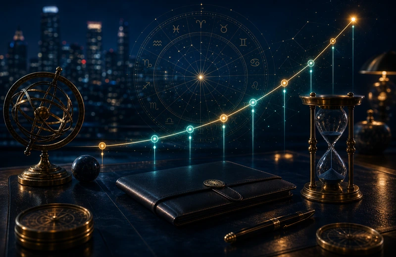 Focused workspace with celestial overlays, teal-gold progress markers, and a strategic planning mood
