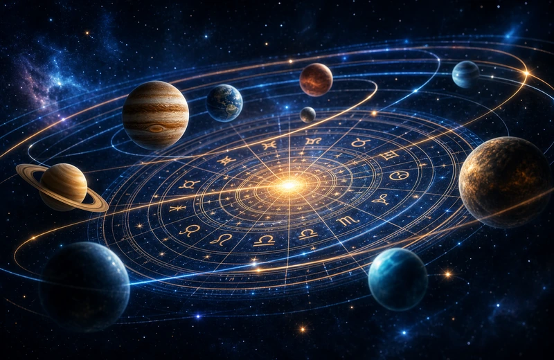 Planetary orbit lines moving across a glowing chart over deep space blue