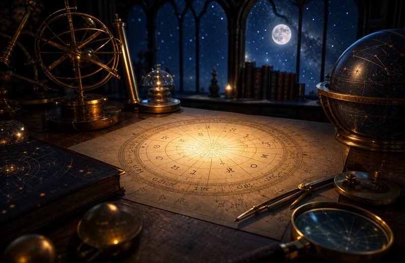 Astrology desk with a glowing natal chart wheel, brass tools, and a night-sky observatory window