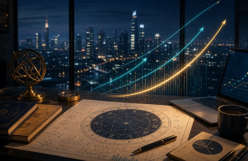 Professional desk with chart notes, city lights, and upward timing lines in teal and gold