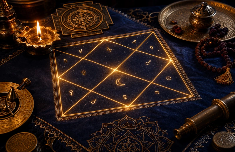 Glowing Vedic kundli chart on rich navy cloth with brass yantra tools and lamp light