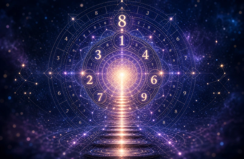 Glowing number mandala with blue-violet geometry and a bright central path
