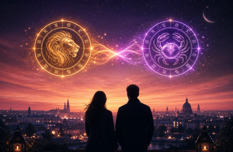 Two luminous zodiac medallions linked by violet-gold light above a romantic twilight horizon