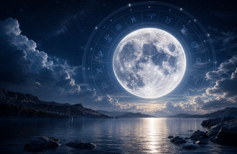Luminous moon over a silver-blue zodiac circle with soft clouds and reflected light