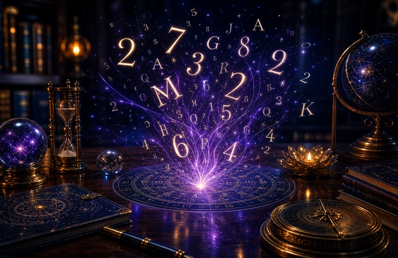 Illuminated letters and numbers floating above a polished desk in indigo light
