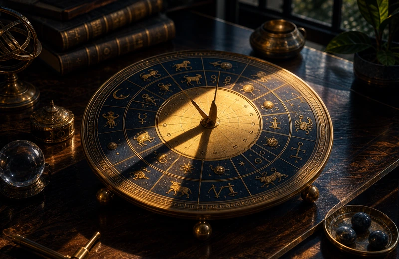 Astrological timing clock with dramatic sunlight-shadow markers and Vedic symbols