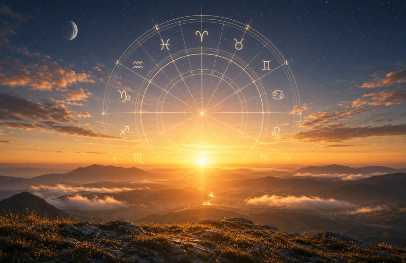 Golden sunrise breaking over a horizon line with a transparent astrology wheel suspended in the sky