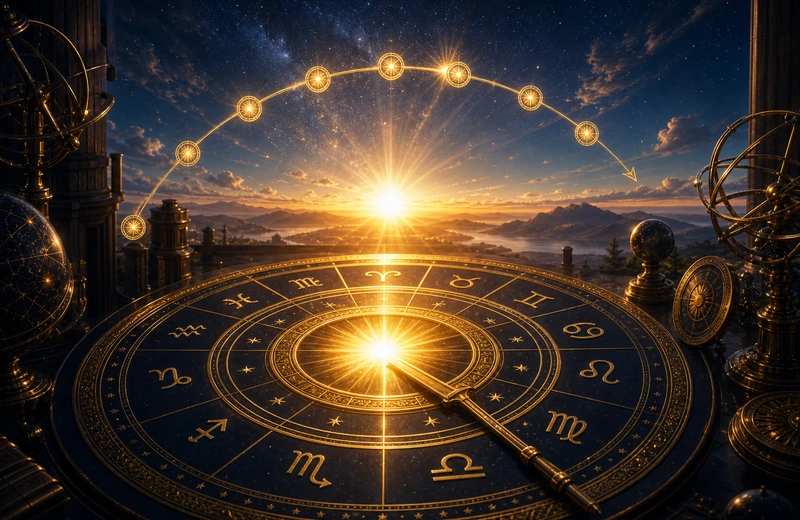 Radiant sunburst passing through a gold chart wheel with annual timing markers