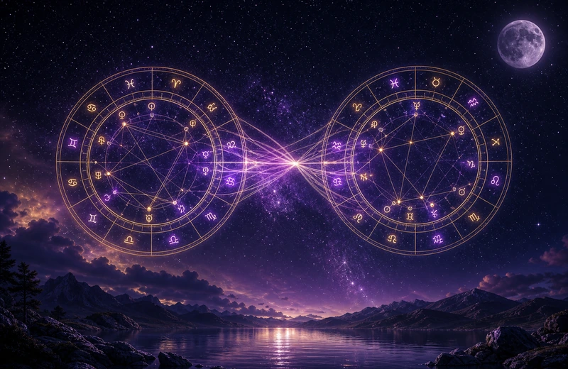 Constellation-like lines linking two chart circles in a violet midnight sky