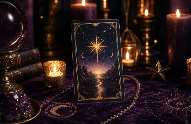Single tarot card on a candlelit velvet table with plum and gold atmosphere