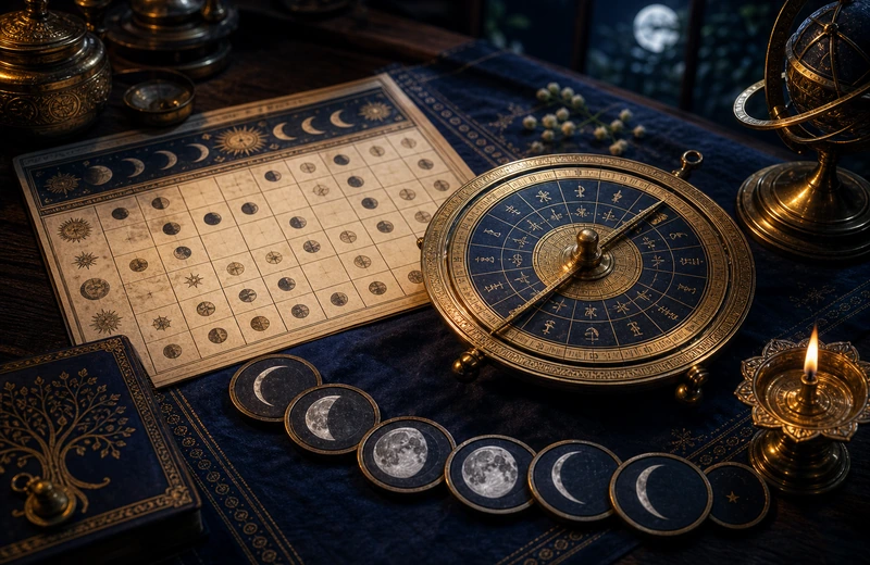 Elegant Hindu calendar sheet beside moon-phase discs and a brass timing dial