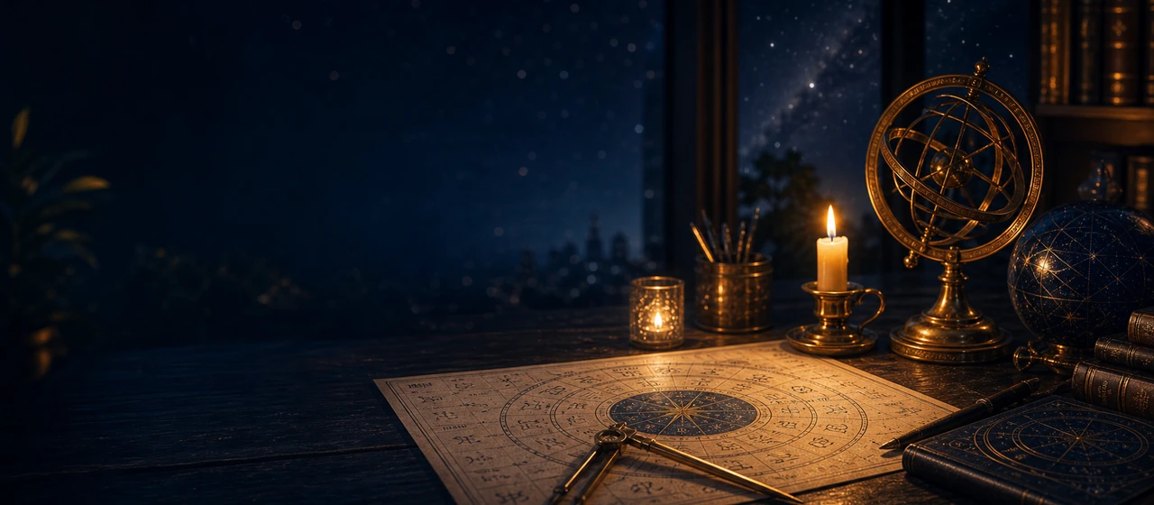 Warm candlelit astrology desk with chart pages and a calm midnight blue background