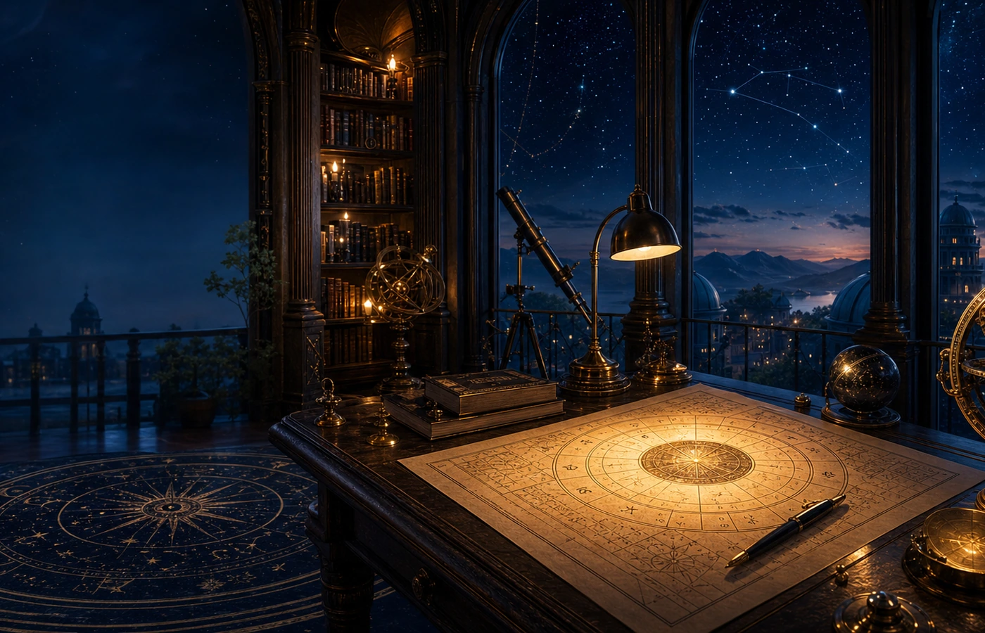 Premium astrology study with glowing charts, brass instruments, and a cosmic observatory backdrop